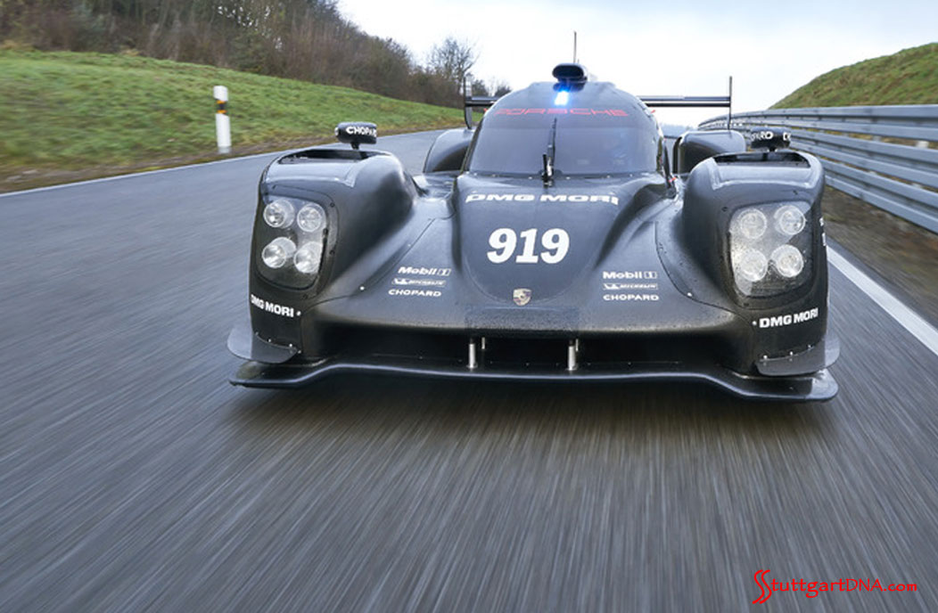 2015 Porsche 919 Hybrid debut 2015 Porsche 919 Hybrid debut: 919 at speed on track straightaway, head on, at start of testing for the 2015 season. Source: PCNA