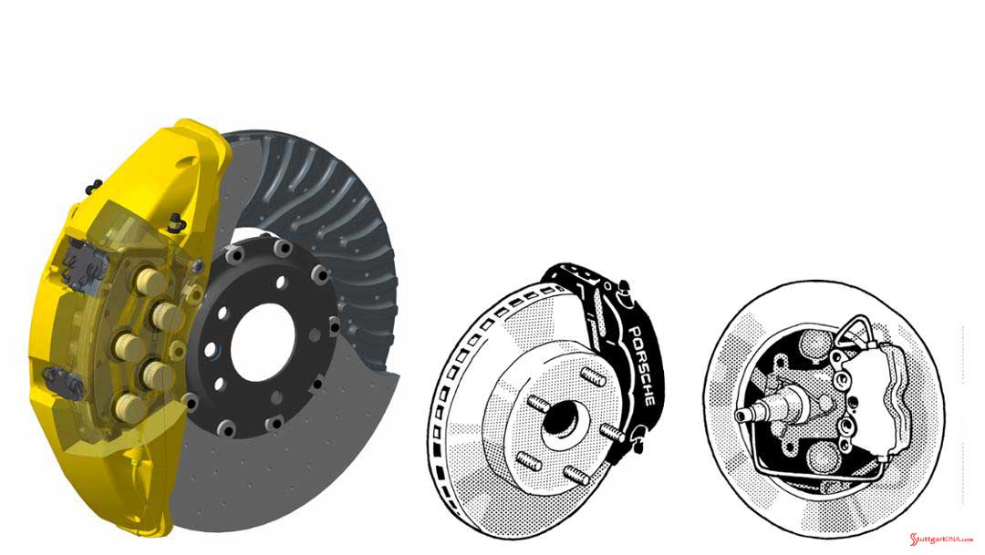 Porsche disc-brake history Beautiful color and black-&-white illustrations by Bernd Schifferdecker of 10-piston brake calipers (2015), anti-lock brakes (1983), and annular disc brakes (1962). Credit: Bernd Schifferdecker / Porsche AG