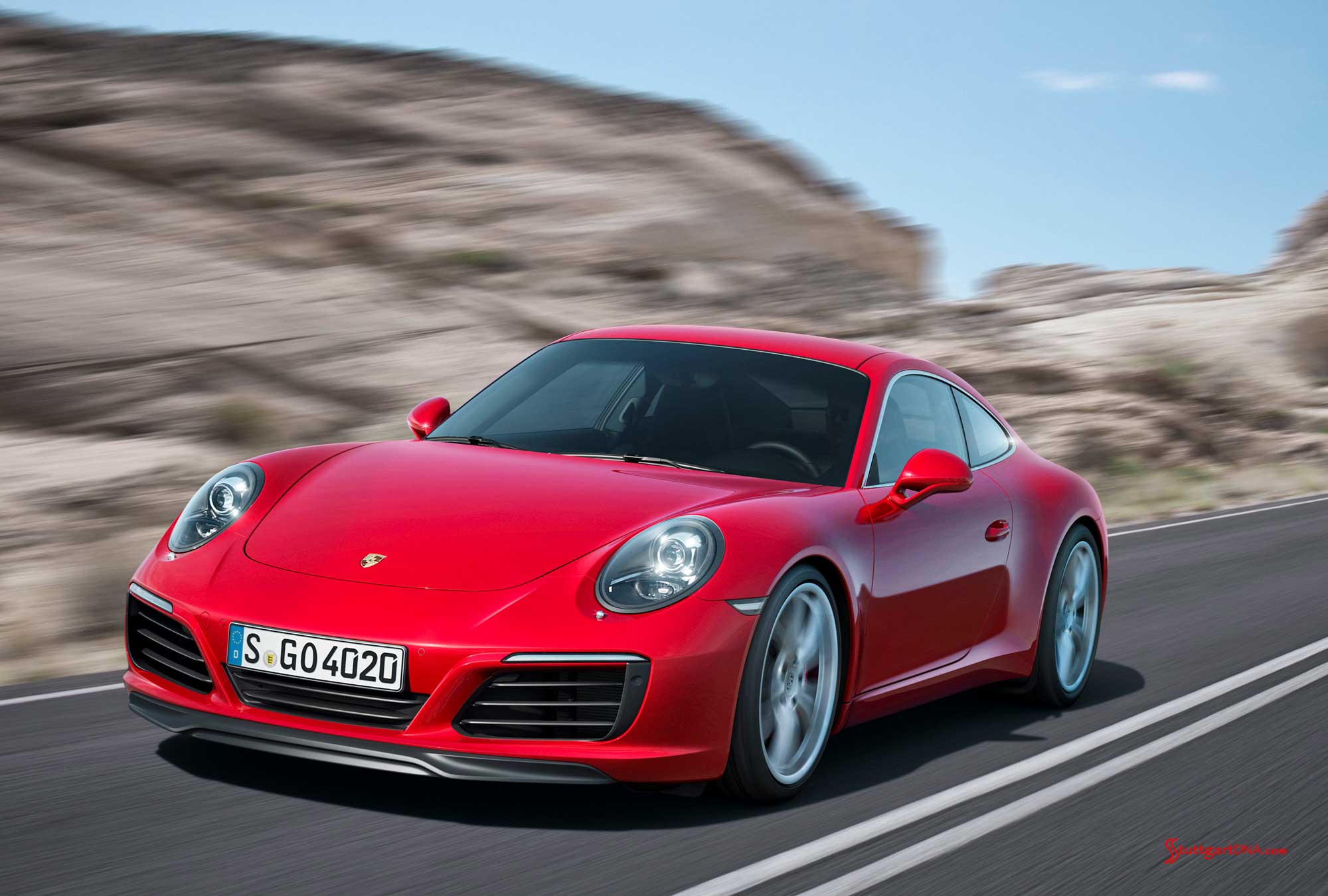 The new 2017 Porsche 911 turbo Carrera 991.2 The new 2017 Porsche 911 turbo Carrera 991.2: A new red 2017 911 Carrera is seen from its front-left view, cruising along a rocky road. Credit: PCNA