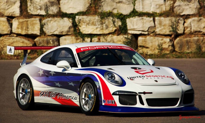 Porsche 911 GT America - United SportsCar: Pictured here is the GT3 America, right-front view. Credit: Porsche Motorsport North America