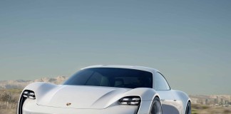 Porsche Mission E Concept Car Porsche Mission E Concept Car: Mission E left-front on Mulholland with LA skyline in b.g. Credit: Porsche AG