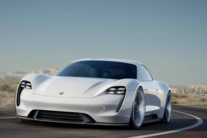 Mission E left-front on Mulholland with LA skyline in b.g. Credit: Porsche AG Porsche Mission E Concept Car: Mission E left-front on Mulholland with LA skyline in b.g. Credit: Porsche AG