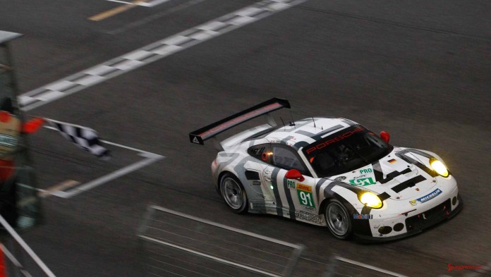 No 91 gets 2015 WEC China checkered flag. Credit: Porsche AG Porsche 911 RSR wins 2015 WEC China race: No 91 gets 2015 WEC China checkered flag. Credit: Porsche AG