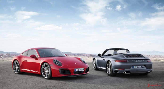 Red and silver 2016 911s. Credit: Porsche AG The new 2017 Porsche 911 Carrera 991.2: Seen here are the new red and silver 2017 911s. Credit: Porsche AG