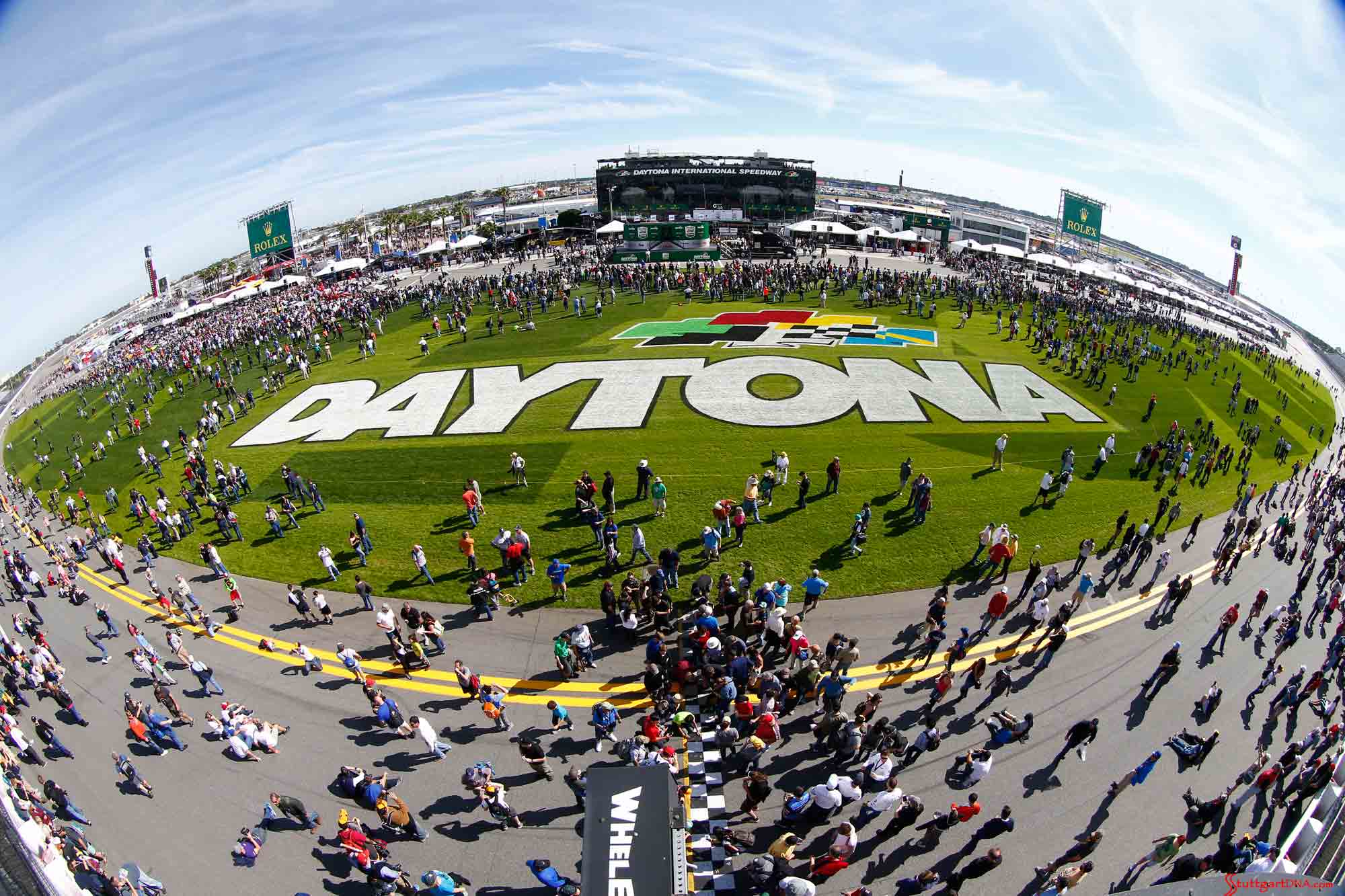 18 overall Porsche wins at the 24 Hours of Daytona 18 overall Porsche wins at the 24 Hours of Daytona: 2016 Daytona 24 grass lettering fisheye view. Credit: Porsche AG