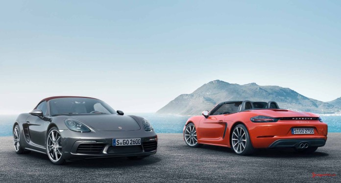 Two 718 Boxsters at shore. Credit: Porsche AG The new Porsche 718 Boxster: Two 718 Boxsters at shore. Credit: Porsche AG