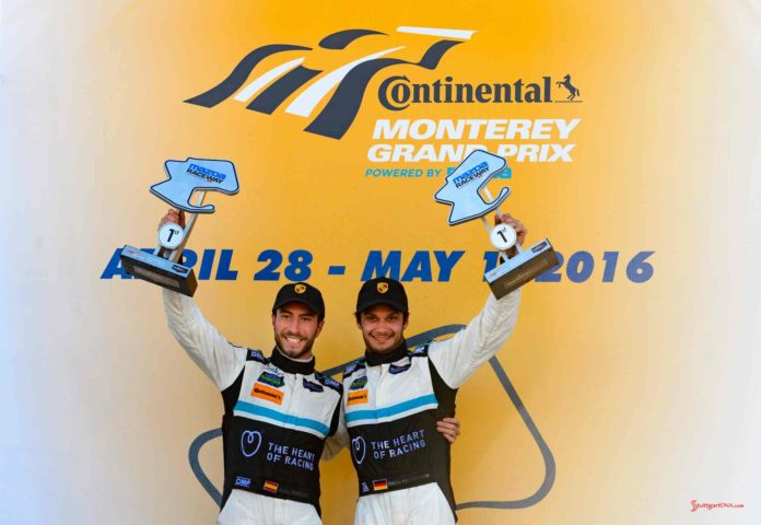 Riberas and Farnbacher atop 2016 Laguna Seca podium. Credit: Porsche AG New 2016 Porsche 911 GT3 R wins first race: Alex Riberas (left) and Mario Farnbacher atop the 2016 Laguna Seca podium. Credit: Porsche AG