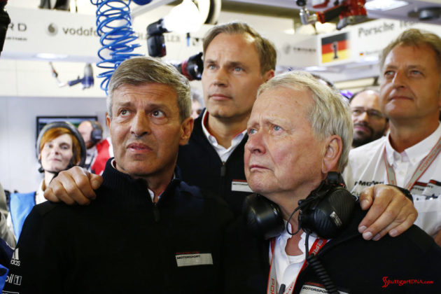 Porsche garners 18th overall win at 84th Le Mans 2016: Fritz Enzinger (VP, LMP1), Oliver Blume (CEO, Porsche AG), Dr. Wolfgang Porsche (Chairman, Porsche Supervisory Board) (l-r), Credit: Porsche AG