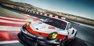2017 Porsche GT-class 911 RSR: Rolex 24 Daytona debut 2017 Porsche GT-class 911 RSR: Left-front of racecar running on the track.