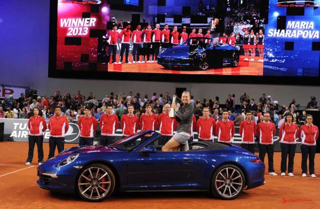Maria Sharapova 2017 early professional tennis comeback: Maria Sharapova is seen here as Porsche Tennis Grand Prix 2013 winner. Credit PAG