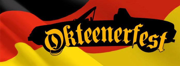 Okteenerfest logo Porsche 914 Okteenerfest: Okteenerfest logo bearing a Porsche 194 in silhouette and the word Okteenerfest superimposed on it, all against a waving Germany flag.
