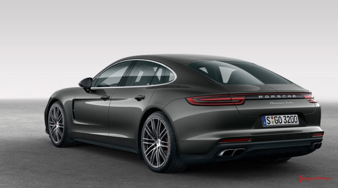 Panamera Turbo left rear in studio. Credit: Porsche AG 2017 Panamera and 2018 Panamera voluntary recall: A dark-grey Panamera Turbo is seen here from the left rear in studio. Credit: Porsche AG.