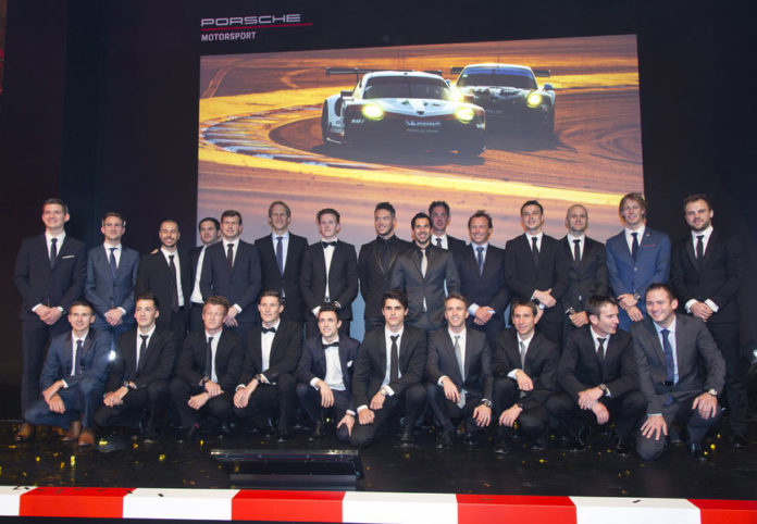 2018 Porsche Works Drivers group photo. Credit: Porsche AG Who are Porsche AG’s 2018 Motorsport Works Drivers?: Pictured here are all of the 2018 Porsche Works Drivers in a group photo at the December 2017 Night of Champions gala event. Credit: Porsche AG