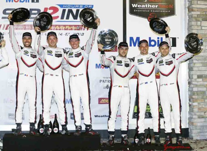 2018 Sebring Porsche GT Teams on podium. Credit: Porsche AG Porsche wins 2018 Sebring 12 Hours GTLM Class: Seen celebrating their 1st and 3rd place wins, respectively, are Frédéric Makowiecki, Nick Tandy, Patrick Pilet, Laurens Vanthoor, Earl Bamber and Gianmaria Bruni (l-r). Credit: Porsche AG