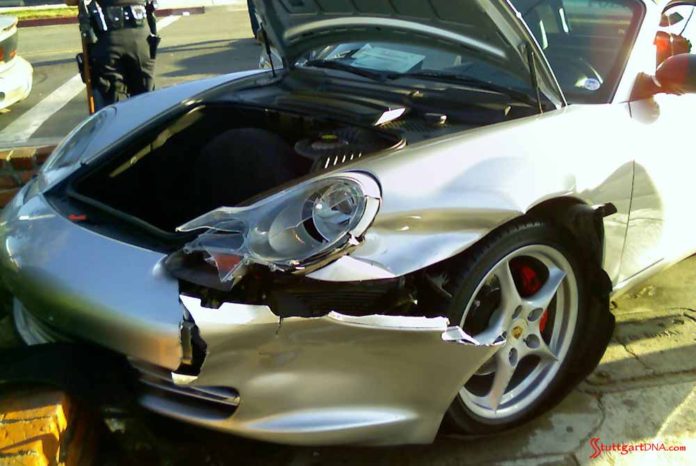 How to choose the best car insurance: Seen here is an Arctic-Silver Porsche, its left-front all smashed up by an oblivious driver making a left turn into the Porsche while texting. Credit: StuttgartDNA