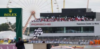 Porsche wins both 2018 Le Mans 24-Hour GT classes Porsche wins both 2018 Le Mans 24-Hour GT classes: Seen here in vivid relief is the No 92 Pink Pig RSR tking th checkered flag, with PEC in bg. Credit: Porsche AG