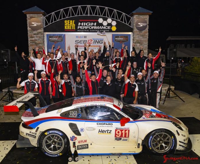 2019 Sebring 12 Hours-winning No 911 with GT Team in b.g. Credit: Porsche AG Porsche wins 2019 IMSA Sebring 12 Hours: Pictured here is the 2019 Sebring12 Hours-winning No 911 with its GT Team cheering in triumph in b.g. Credit: Porsche AG