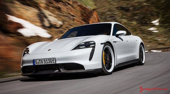White Taycan Turbo S, left-front, at speed on mountain road. Credit: Porsche AG Porsche Taycan first electric sports car world premiere: Depicted here is a gleaming white Taycan Turbo S, left-front, tooling at speed down a windy mountain road. Credit: Porsche AG