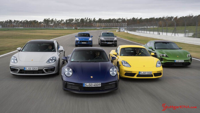 2020 sales' Porsche family photo. Credit: Porsche Depicted here is the entire model line running staggered on a racetrack — a veritable Porsche family portrait. Credit: Porsche