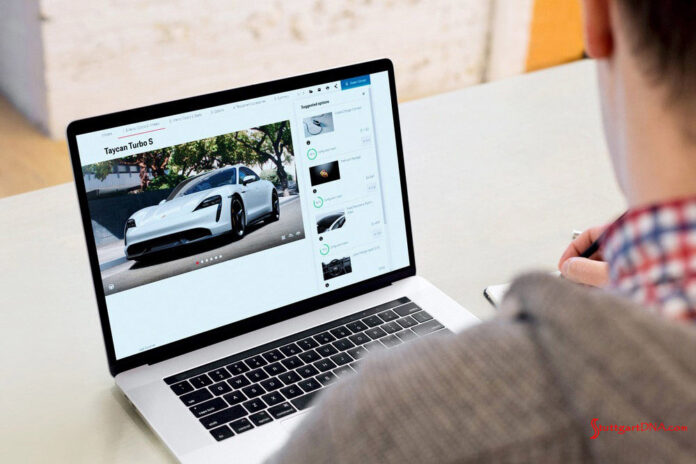Laptop displaying AI Configurator. Credit: Porsche AG Porsche Car Configurator conjures Artificial Intelligence: Pictured here is a young man using the Porsche Car Configurator to customize a Taycan Turbo S of his choice on his laptop computer. Credit: Porsche AG