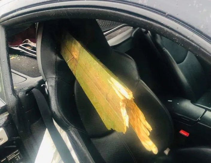 Porsche News Roundup for Fri Jan 13, 2023 Depicted here is a Boxster seat impaled by a hunk of wood, narrowly missing the driver. Kind courtesy of Wales News Service