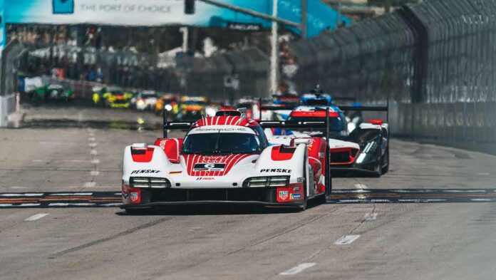 Porsche Penske No 6 leading the Long Beach pack. Credit: Porsche AG Depicted here is the Porsche Penske No 6 leading the Long Beach pack. Credit: Porsche AG
