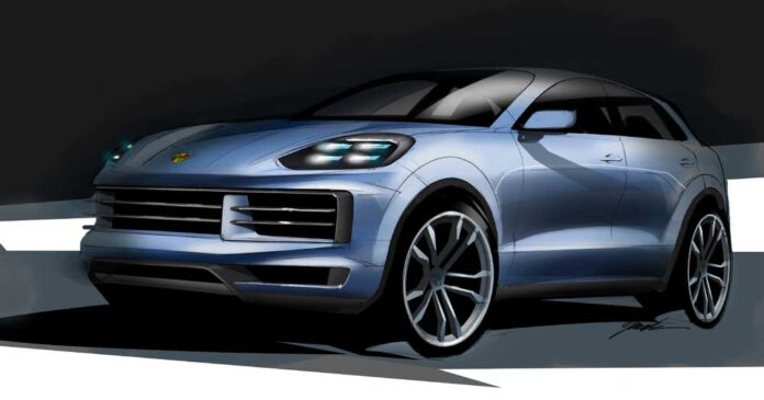 Cayenne 2024 design sketch. Credit: Porsche AG Porsche Cayenne: Roll-out of the new 2024 Cayenne: Depicted here is a beautiful light-blue sketch of the Cayenne 2024 design. Credit: Porsche AG