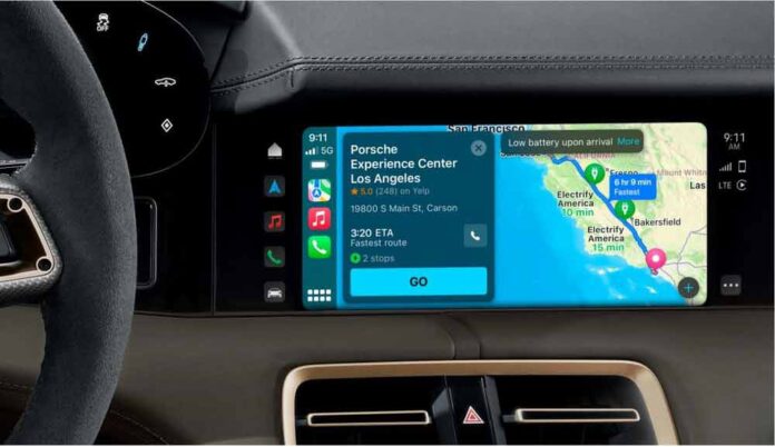 Apple Maps EV routing screen to PECLA. Credit: Porsche AG Pictured here is an Apple Maps EV routing screen to PECLA. Credit: Porsche AG
