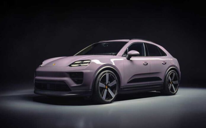Porsche Macan EV in lilac, left-front, in studio. Credit: Porsche AG Porsche Macan EV: Depicted here is a Porsche Macan EV in lilac, left-front, poised in studio. Credit: Porsche AG