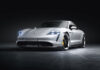 Porsche Recall Guide Porsche Taycan Front Brake Hose Recall: Pictured here is a gorgeous film-noirish White Taycan Turbo S, left-front, in studio. Credit: Porsche AG
