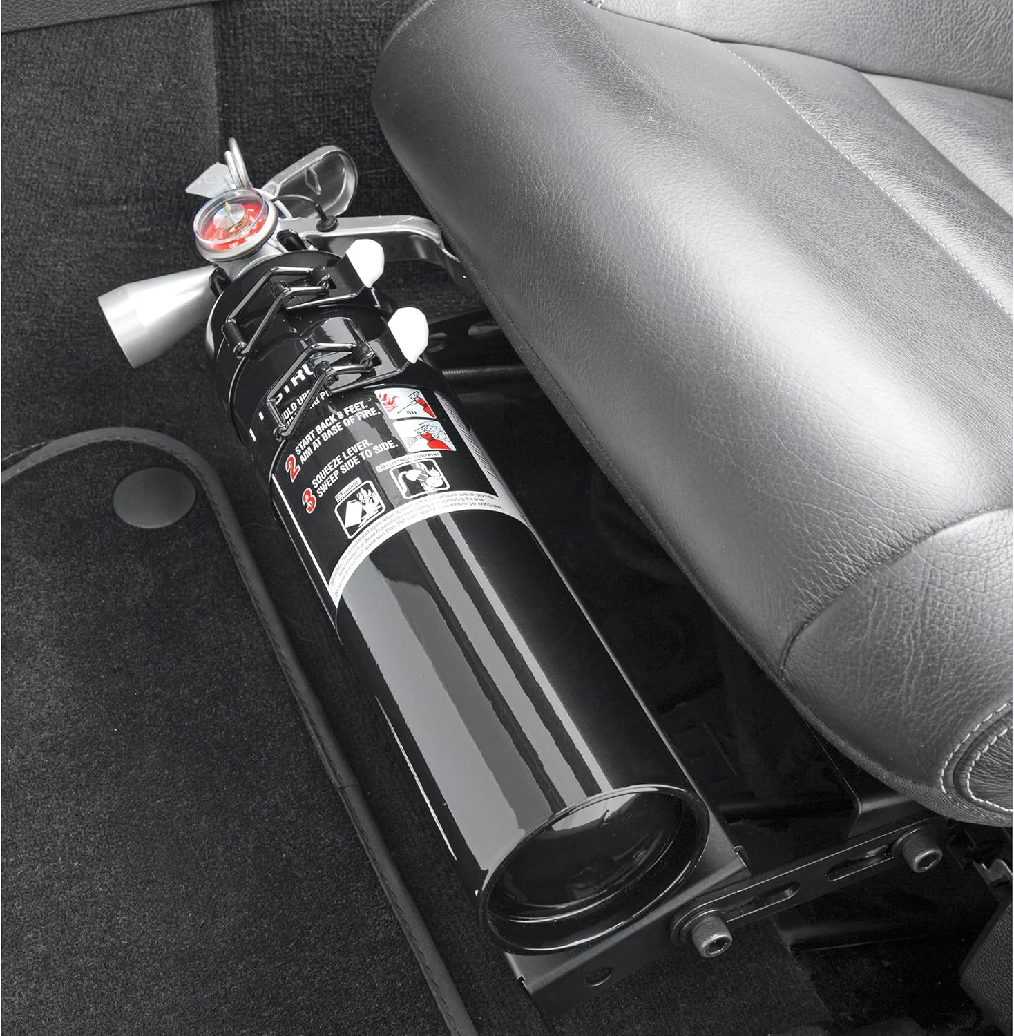 Pictured here is the larger version of the MaxOut Compact Fire Extinguisher for Vehicles with Bracket and Refillable Purple K Dry Chemical. Credit: Amazon