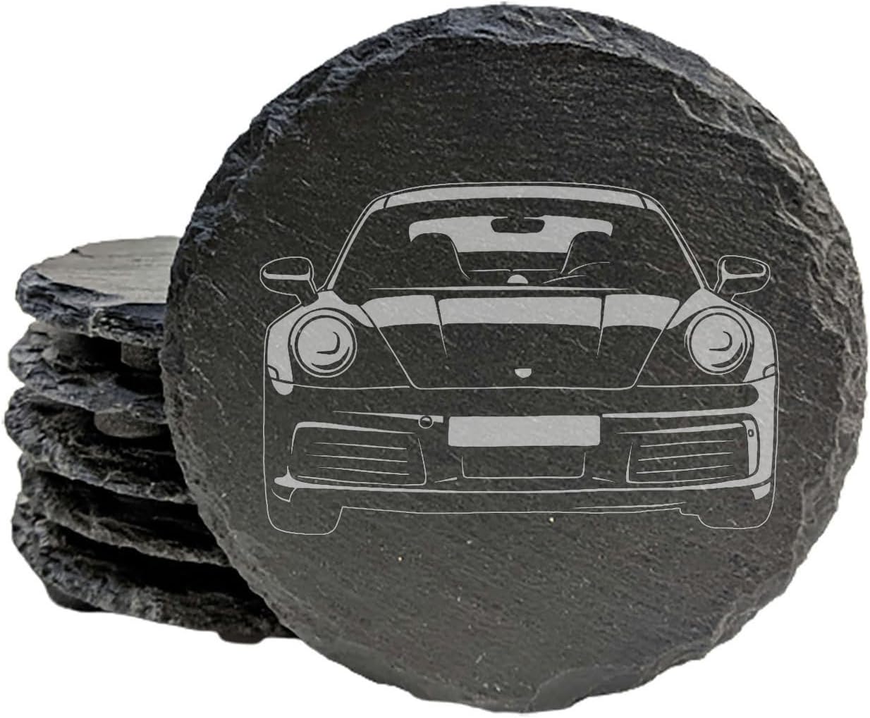 Seen here is the Slate Coasters Set with Laser-Etched Porsche 911 Design. Credit: Amazon