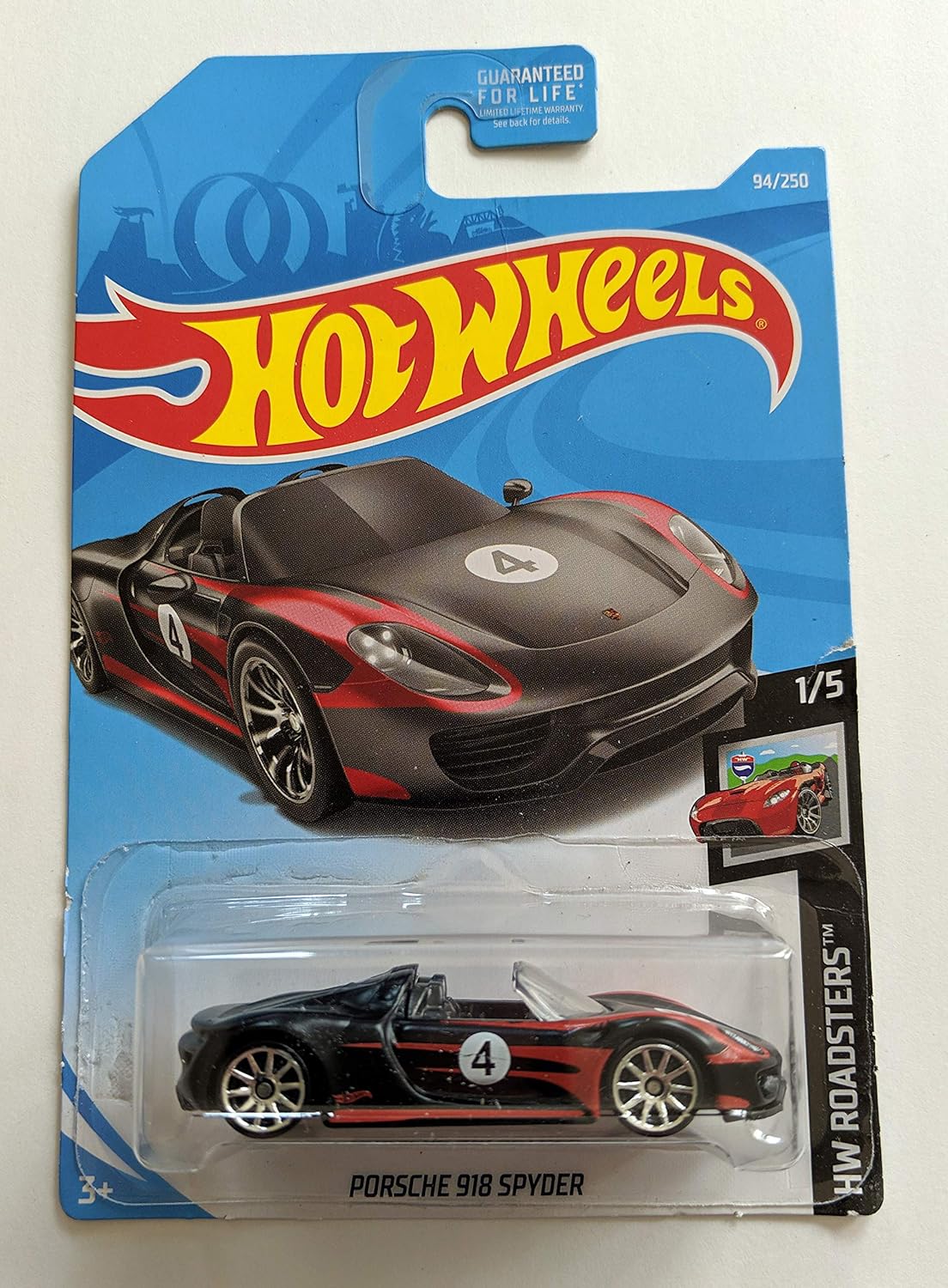 Seen here is the Hot Wheels Black Porsche 918 Spyder 2019 Mainline HW Roadsters 1-5 - International Card 94-250. Credit: Amazon
