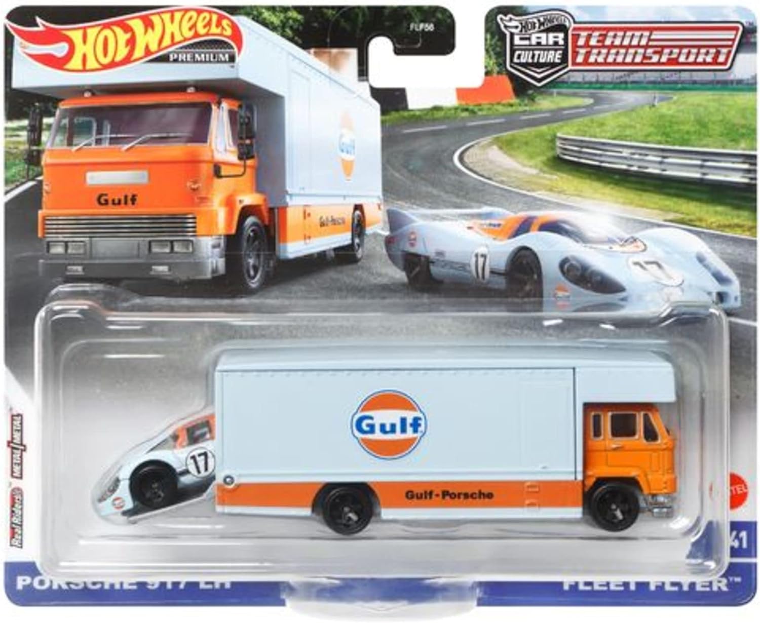 Pictured here is the Hot Wheels Gulf Porsche 917 LH Premium Team Transport Car Culture Fleet Flyer 41. Credit: Amazon