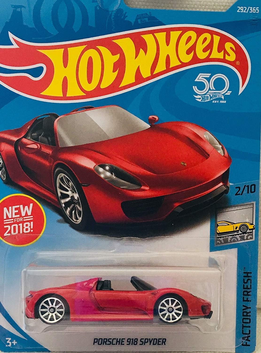 Depicted here is the Hot Wheels Red Porsche 918 Spyder Factory Fresh 2/10 2018 50th Anniversary Card 292/365. Credit: Amazon