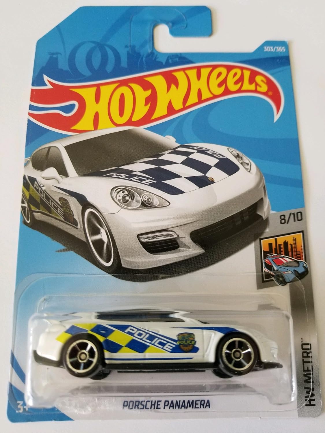 Depicted here is the Hot Wheels White Porsche Panamera (Police) 2018 HW Metro 8/10 303/365. Credit: Amazon