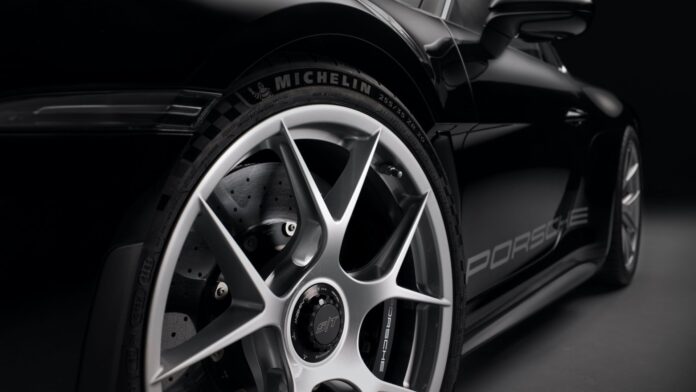 Left-front Michelin on black 911 S/T. Credit: Porsche AG Left-front Michelin on black 911 S/T. Credit: Porsche AG